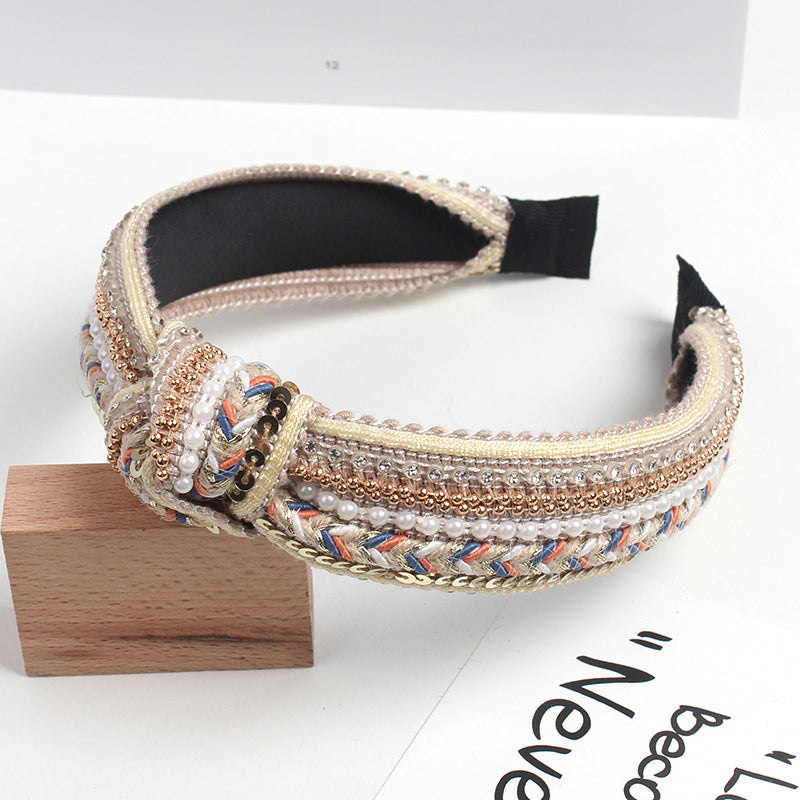Wholesale Korea Studded Pearl Sequins National Pneumatic Drill Wide-brimmed Knot Hairband